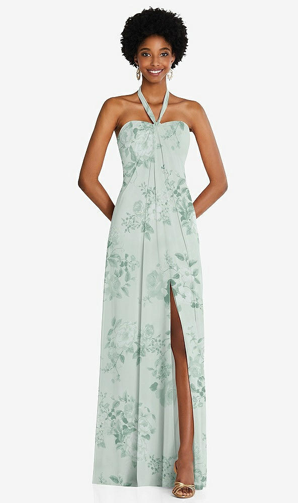 Front View - Mint Green Floral Draped Chiffon Grecian Column Gown with Convertible Straps