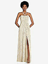 Front View Thumbnail - Butter Yellow Floral Draped Chiffon Grecian Column Gown with Convertible Straps