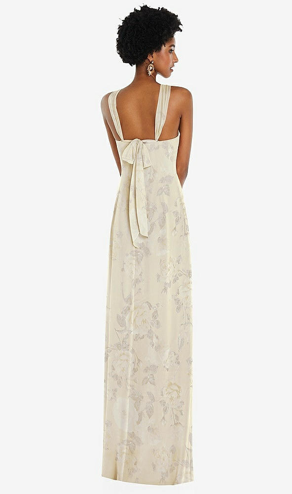 Back View - Butter Yellow Floral Draped Chiffon Grecian Column Gown with Convertible Straps