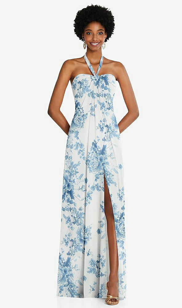 Front View - Cottage Rose Dusk Blue Draped Chiffon Grecian Column Gown with Convertible Straps