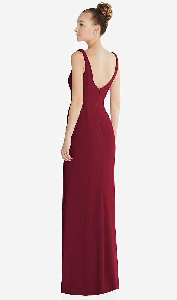 Back View - Burgundy Wide Strap Slash Cutout Empire Dress with Front Slit