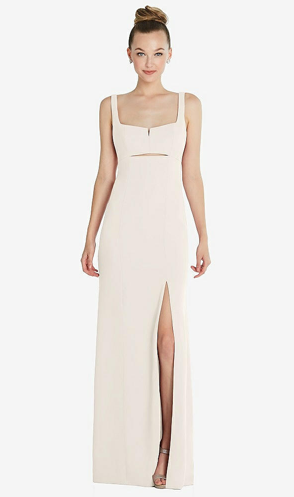 Front View - Ivory Wide Strap Slash Cutout Empire Dress with Front Slit