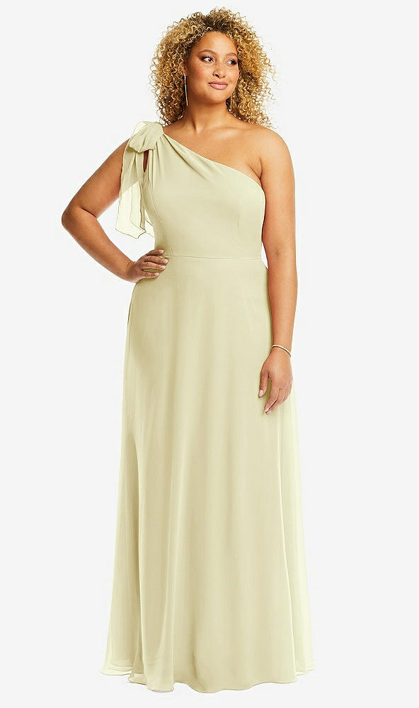 Front View - Butter Yellow Draped One-Shoulder Maxi Dress with Scarf Bow