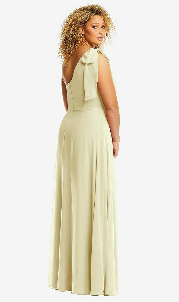Back View - Butter Yellow Draped One-Shoulder Maxi Dress with Scarf Bow