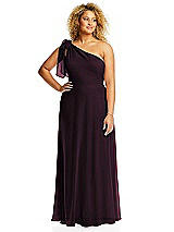 Alt View 1 Thumbnail - Deep Plum Draped One-Shoulder Maxi Dress with Scarf Bow