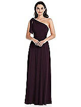 Front View Thumbnail - Deep Plum Draped One-Shoulder Maxi Dress with Scarf Bow