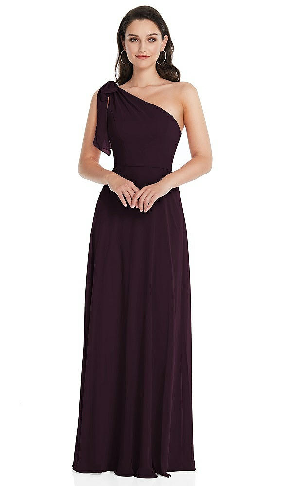 Front View - Deep Plum Draped One-Shoulder Maxi Dress with Scarf Bow