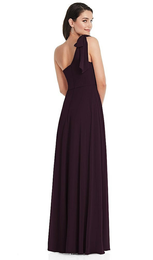 Back View - Deep Plum Draped One-Shoulder Maxi Dress with Scarf Bow