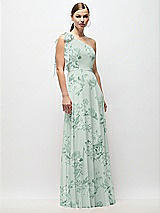 Front View Thumbnail - Mint Green Floral Draped One-Shoulder Maxi Dress with Scarf Bow