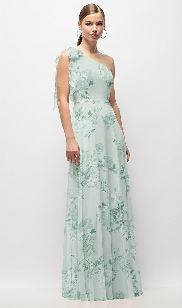 Front View - Mint Green Floral Draped One-Shoulder Maxi Dress with Scarf Bow