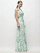 Side View Thumbnail - Mint Green Floral Draped One-Shoulder Maxi Dress with Scarf Bow