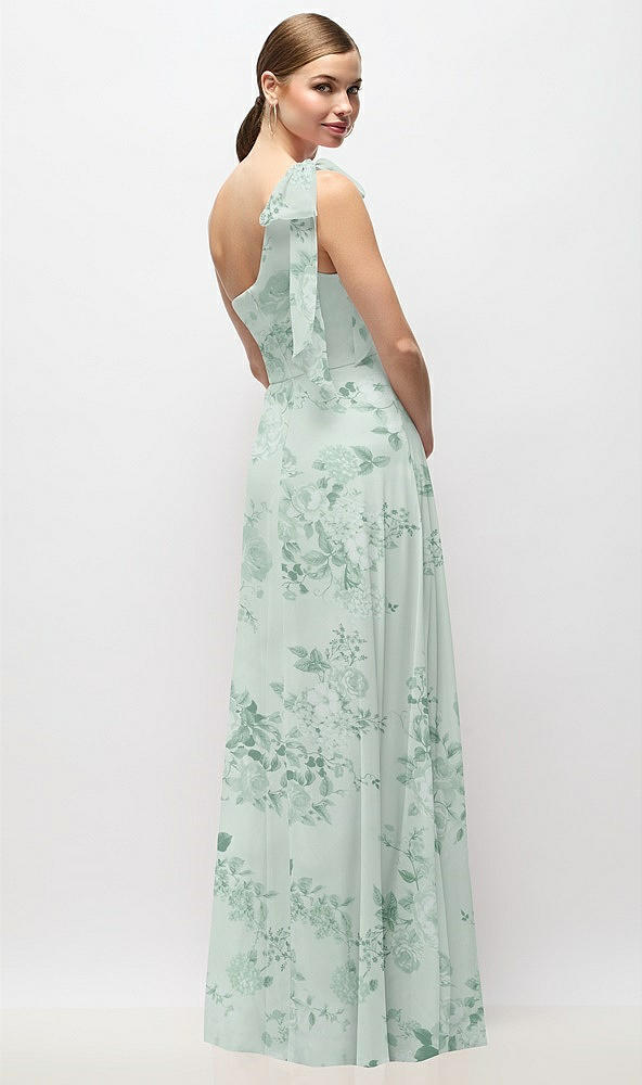 Back View - Mint Green Floral Draped One-Shoulder Maxi Dress with Scarf Bow