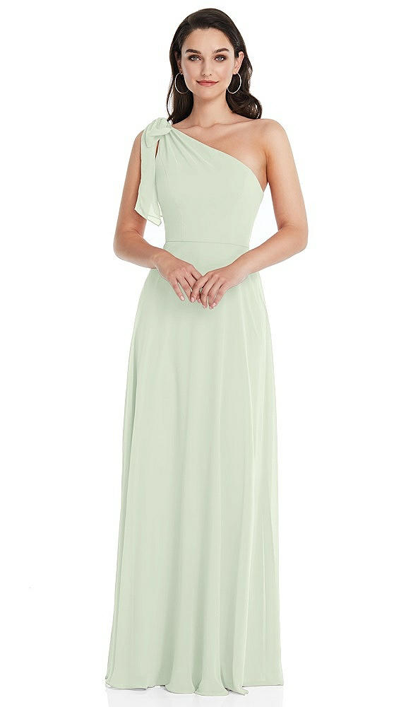 Front View - Mint Green Draped One-Shoulder Maxi Dress with Scarf Bow