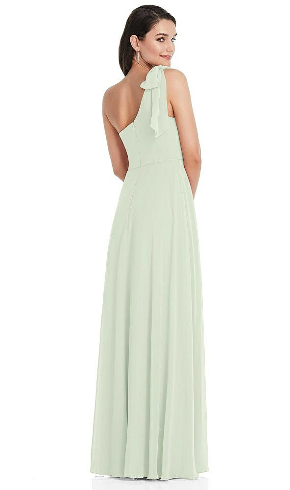 Back View - Mint Green Draped One-Shoulder Maxi Dress with Scarf Bow