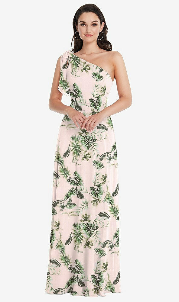 Front View - Palm Beach Print Draped One-Shoulder Maxi Dress with Scarf Bow
