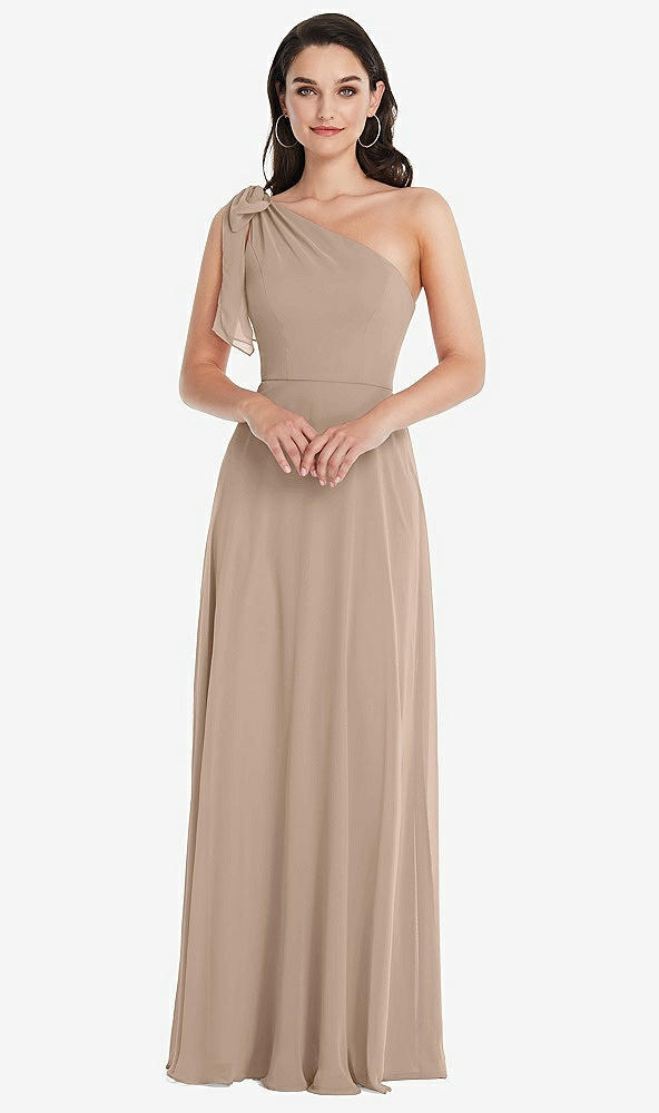 Front View - Topaz Draped One-Shoulder Maxi Dress with Scarf Bow