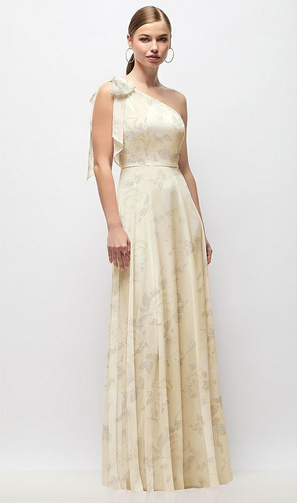Front View - Butter Yellow Floral Draped One-Shoulder Maxi Dress with Scarf Bow