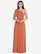 Alt View 1 Thumbnail - Terracotta Copper Draped One-Shoulder Maxi Dress with Scarf Bow
