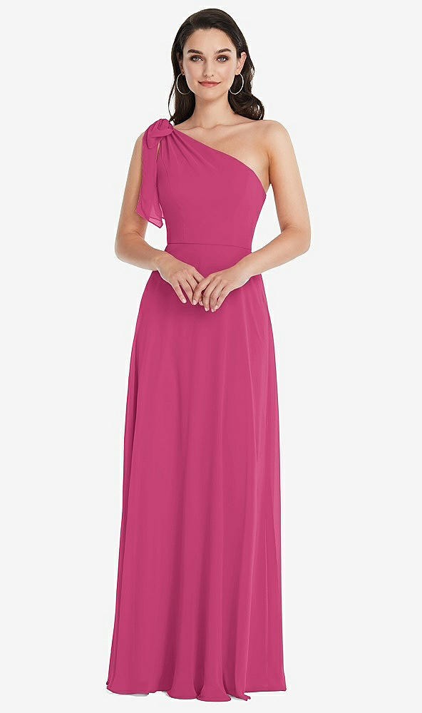 Front View - Tea Rose Draped One-Shoulder Maxi Dress with Scarf Bow