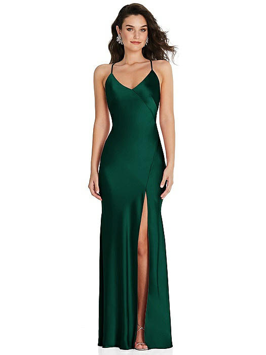V-Neck Convertible Strap Bias Slip Dress with Front Slit