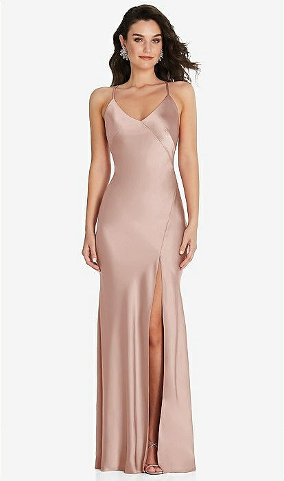 V-neck Convertible Strap Bias Slip Bridesmaid Dress With Front