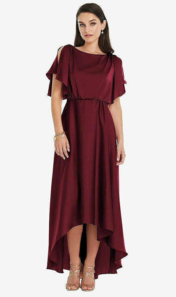Front View - Cabernet Blouson Bodice Deep V-Back High Low Dress with Flutter Sleeves