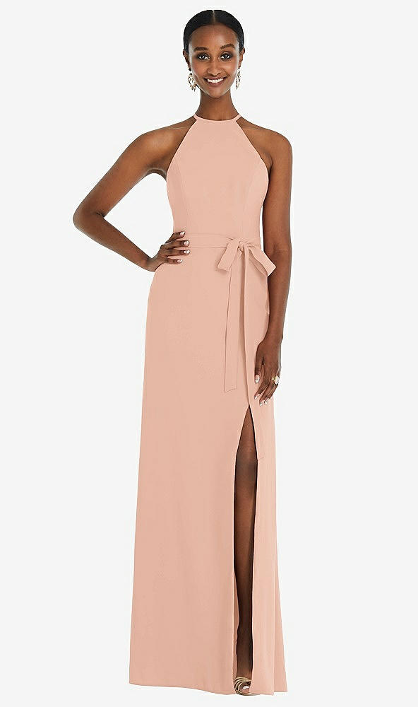 Back View - Pale Peach Halter Criss Cross Cutout Back Maxi Dress