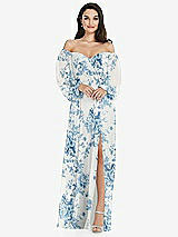 Side View Thumbnail - Cottage Rose Dusk Blue Off-the-Shoulder Puff Sleeve Maxi Dress with Front Slit