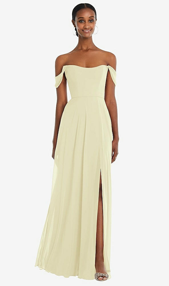 Front View - Butter Yellow Off-the-Shoulder Basque Neck Maxi Dress with Flounce Sleeves