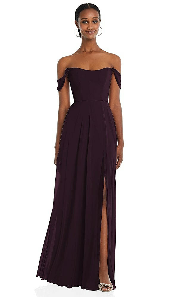 Front View - Deep Plum Off-the-Shoulder Basque Neck Maxi Dress with Flounce Sleeves