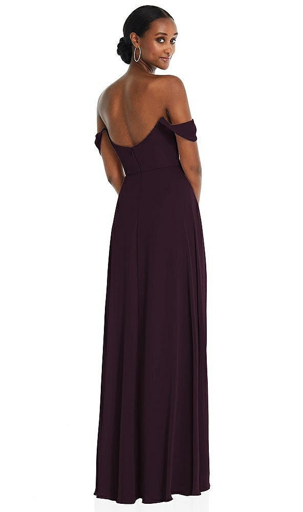 Back View - Deep Plum Off-the-Shoulder Basque Neck Maxi Dress with Flounce Sleeves