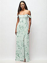 Front View Thumbnail - Mint Green Floral Off-the-Shoulder Basque Neck Maxi Dress with Flounce Sleeves