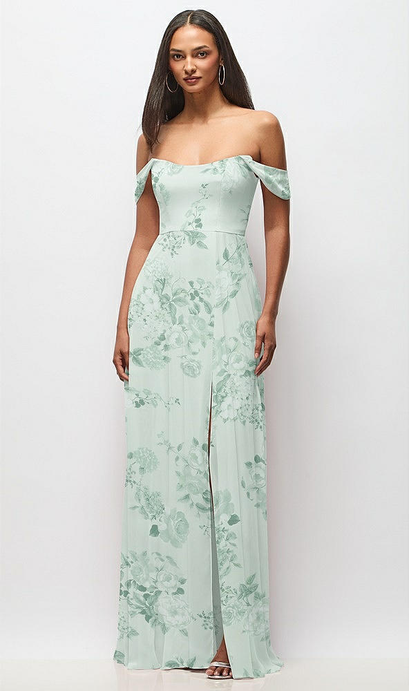 Front View - Mint Green Floral Off-the-Shoulder Basque Neck Maxi Dress with Flounce Sleeves