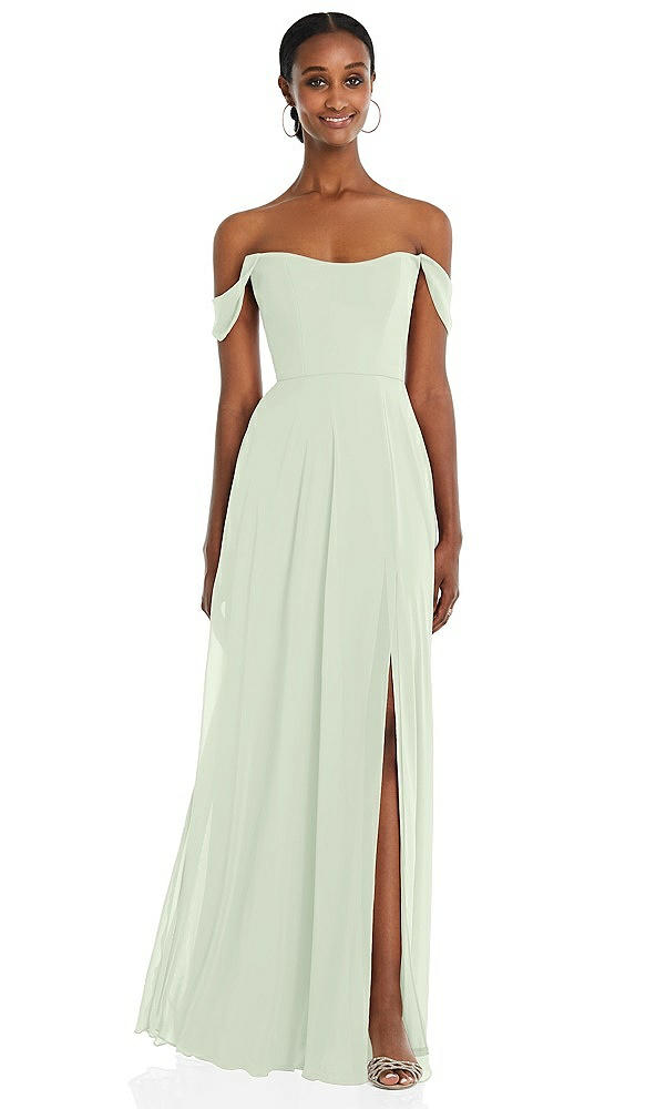Front View - Mint Green Off-the-Shoulder Basque Neck Maxi Dress with Flounce Sleeves