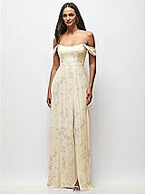 Front View Thumbnail - Butter Yellow Floral Off-the-Shoulder Basque Neck Maxi Dress with Flounce Sleeves