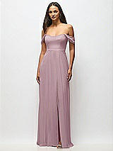 Alt View 4 Thumbnail - Dusty Rose Off-the-Shoulder Basque Neck Maxi Dress with Flounce Sleeves