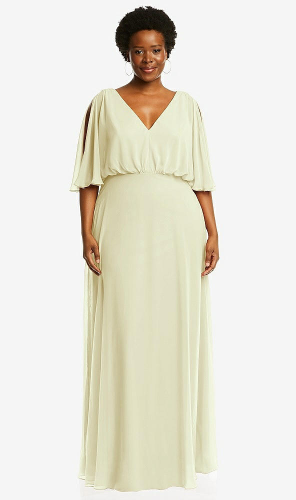 Front View - Butter Yellow V-Neck Split Sleeve Blouson Bodice Maxi Dress