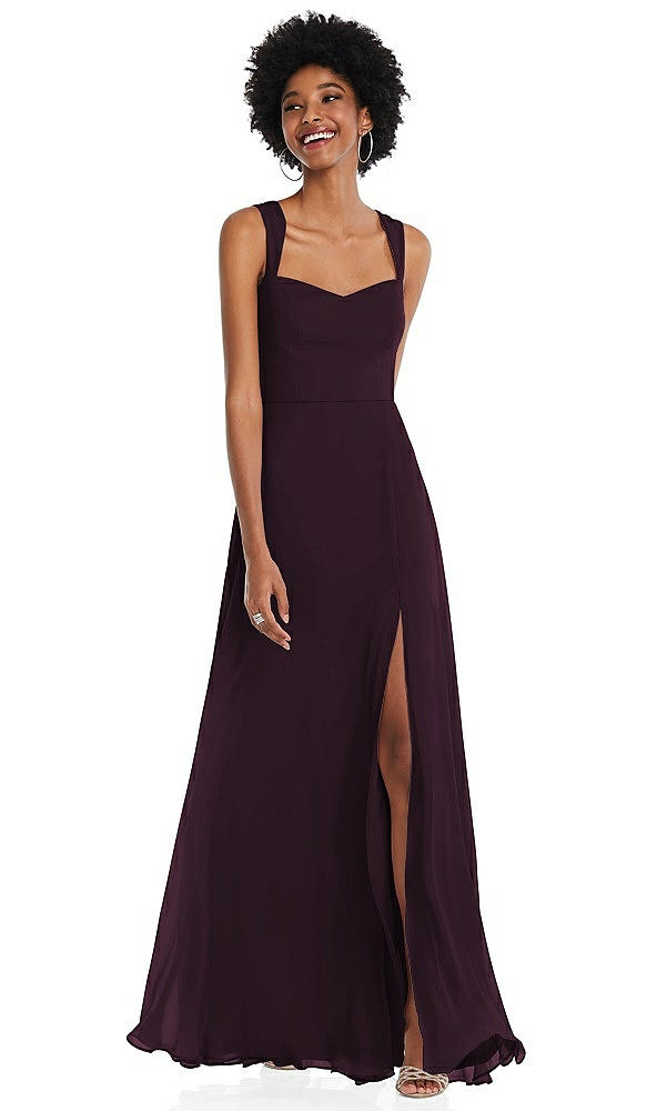 Front View - Deep Plum Contoured Wide Strap Sweetheart Maxi Dress