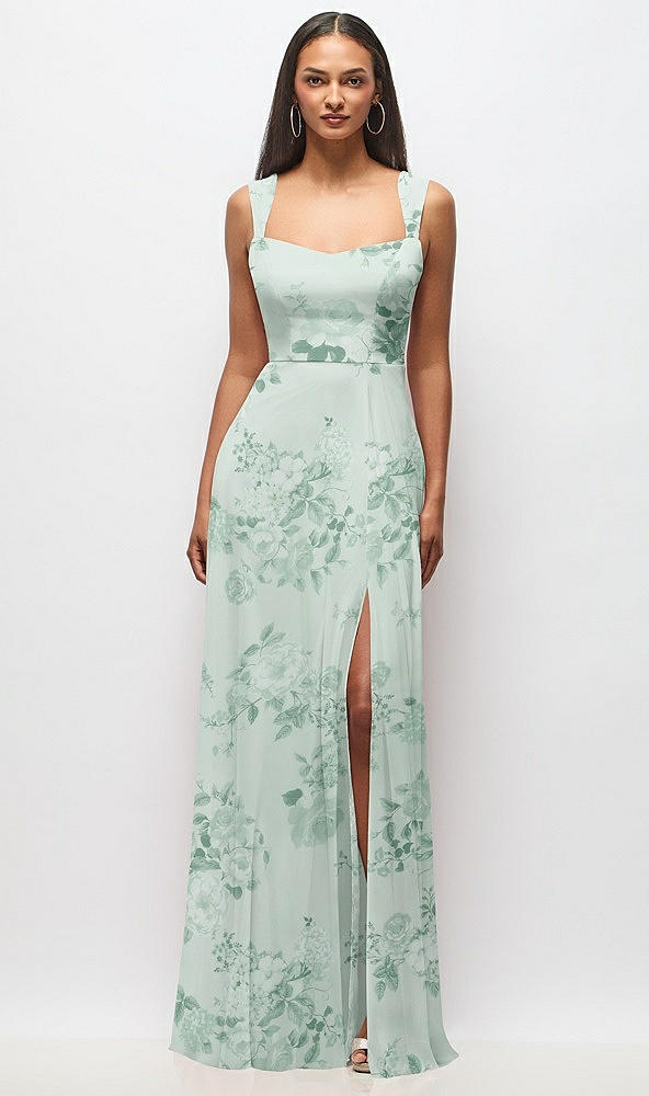 Front View - Mint Green Floral Contoured Wide Strap Sweetheart Maxi Dress