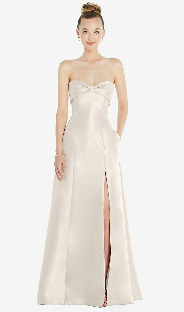 Front View - Ivory Bow Cuff Strapless Satin Ball Gown with Pockets