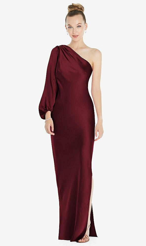 Front View - Cabernet One-Shoulder Puff Sleeve Maxi Bias Dress with Side Slit