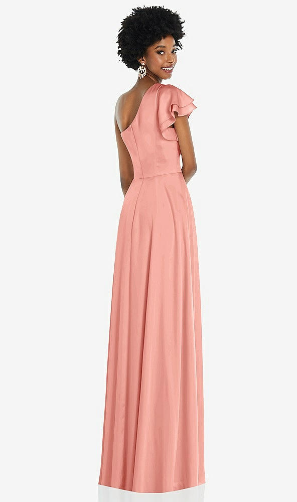 Back View - Rose Draped One-Shoulder Flutter Sleeve Maxi Dress with Front Slit