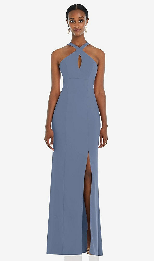 Front View - Larkspur Blue Criss Cross Halter Princess Line Trumpet Gown