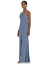 Side View Thumbnail - Larkspur Blue Criss Cross Halter Princess Line Trumpet Gown