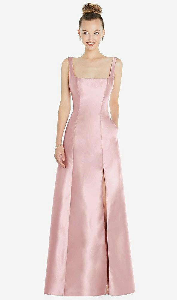 Front View - Ballet Pink Sleeveless Square-Neck Princess Line Gown with Pockets