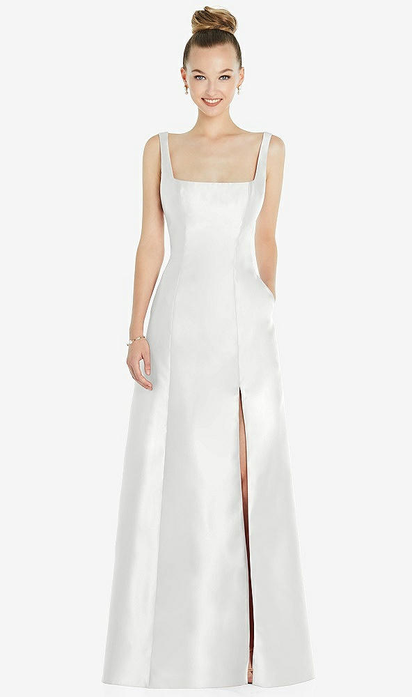 Front View - White Sleeveless Square-Neck Princess Line Gown with Pockets