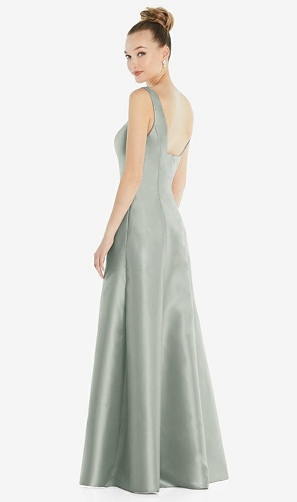 Back View - Willow Green Sleeveless Square-Neck Princess Line Gown with Pockets