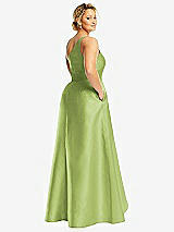 Rear View Thumbnail - Mojito One-Shoulder Satin Gown with Draped Front Slit and Pockets