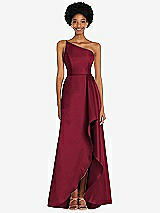 Alt View 1 Thumbnail - Burgundy One-Shoulder Satin Gown with Draped Front Slit and Pockets