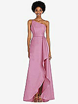 Alt View 1 Thumbnail - Powder Pink One-Shoulder Satin Gown with Draped Front Slit and Pockets